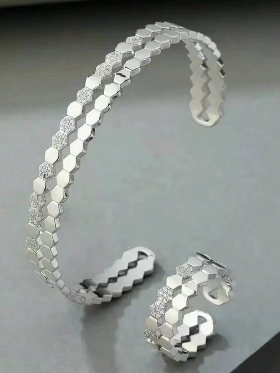 2pcs Luxury Minimalist Zirconia Inlaid Rhombus Honeycomb Design Open Bangle & Ring Set, Versatile For Daily Wear, Festivals, Parties, Weddings, Summer, Eid/Ramadan Blessing Gift, Elegant Women Gift - Silver - View 1