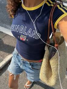 Áo thun nữ mùa hè mới, kiểu dáng tối giản, in huy hiệu và chữ đội tuyển Anh, cổ tròn, tay ngắn, kiểu dáng thường ngày, thời trang và đa năng. - Màu xanh hải quân - Xem 1