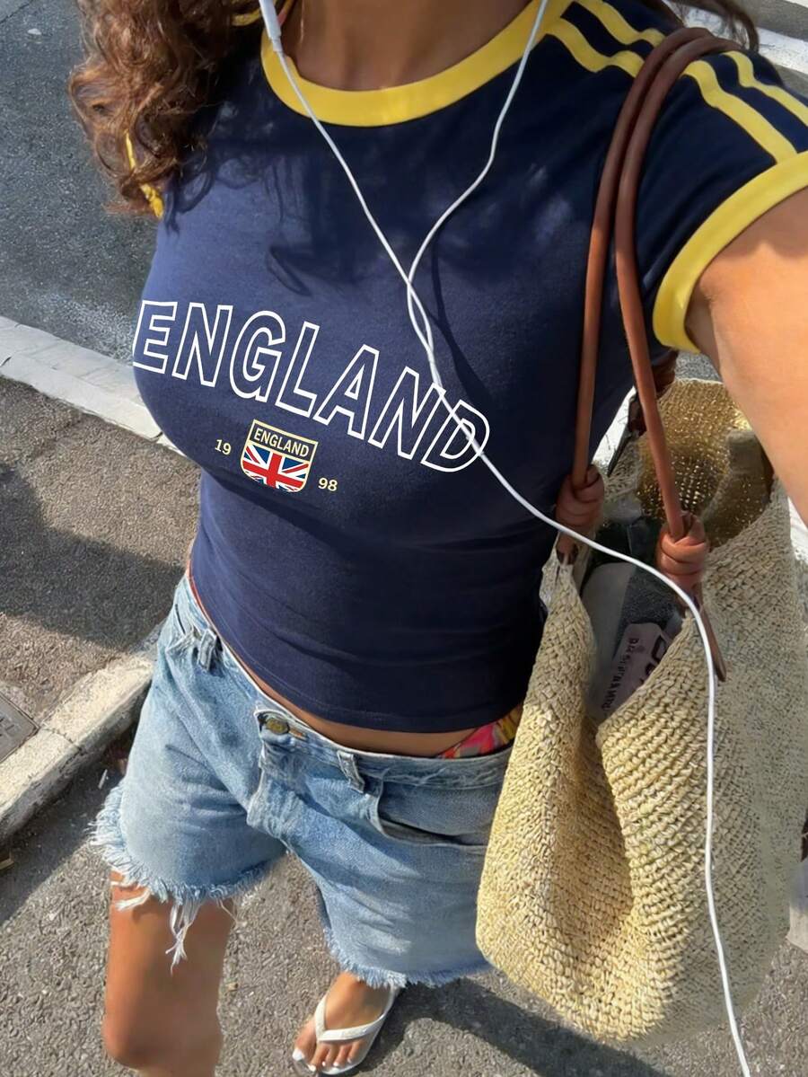 Áo thun nữ mùa hè mới, kiểu dáng tối giản, in huy hiệu và chữ đội tuyển Anh, cổ tròn, tay ngắn, kiểu dáng thường ngày, thời trang và đa năng. - Màu xanh hải quân - Xem 1