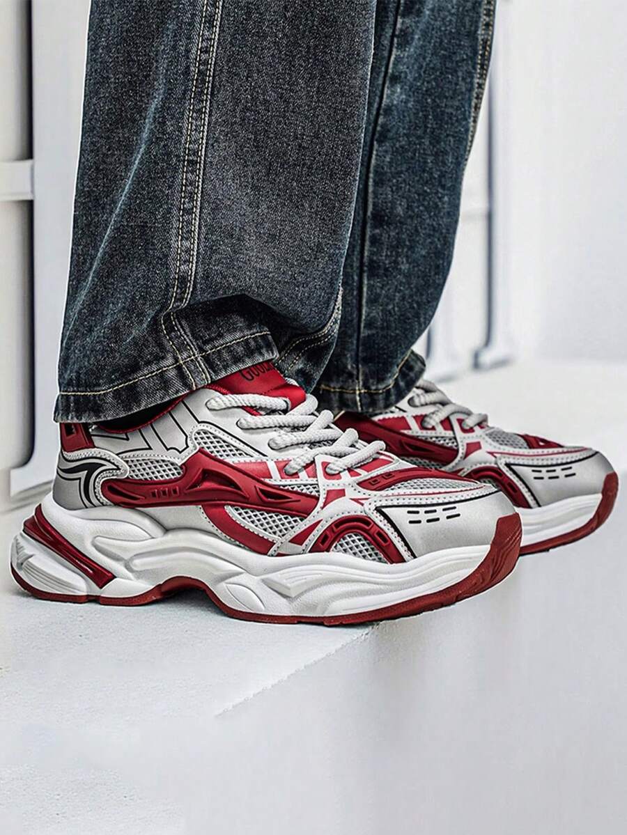 Zapatos de malla para hombres, zapatos casuales con suela gruesa y de moda, zapatillas versátiles, ligeras y transpirables con bloqueo de color de alta gama, adecuadas para todas las estaciones - Gris Rojo - Ver 1
