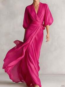 2026 Spring/Summer New European And American Socialite Style Deep V-Neck Shoulder Length Lantern Sleeves Cinched Waist Long Dress Elegant Temperament Banquet Evening Dress Slimming And Slimming Party Dress - 米白色 - 查看 3