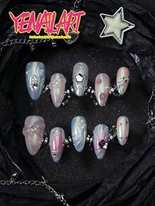10 piezas de puntas de uñas artificiales con cobertura completa, hechas a mano con degradado azul y rosa aurora, decoración 3D de lazo y estrella con strass y lentejuelas, adecuadas para uso diario, fiestas, vacaciones, días festivos y otras ocasiones, suministros de arte de uñas - Multicolor - Ver 1