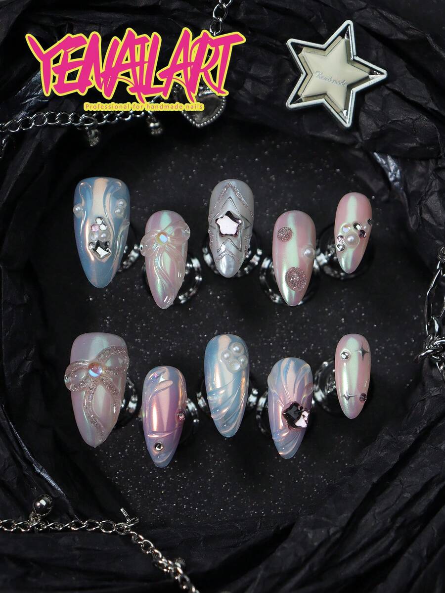10 piezas de puntas de uñas artificiales con cobertura completa, hechas a mano con degradado azul y rosa aurora, decoración 3D de lazo y estrella con strass y lentejuelas, adecuadas para uso diario, fiestas, vacaciones, días festivos y otras ocasiones, suministros de arte de uñas - Multicolor - Ver 1