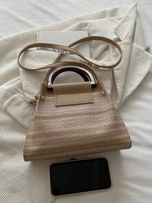 2026新款大容量度假编织多功能女士包，简约时尚条纹编织水桶包两件套，休闲优雅单肩斜挎包，适合外出、度假、海滩等场合 - 卡其色 - 查看 9