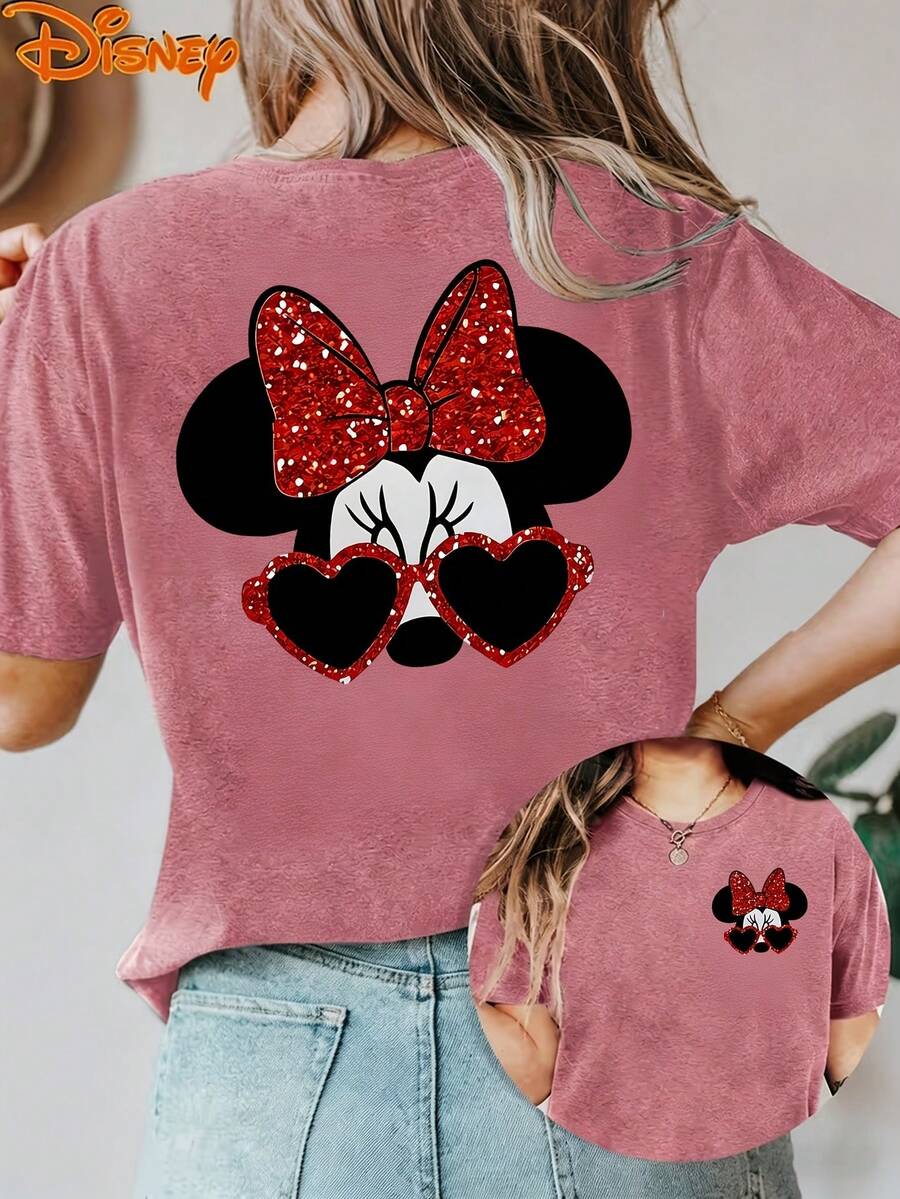 Disney License T Shirts,Disney Minnie Mouse Graphic T-Shirt For Women, Casual Loose Fit Glitter Bow Heart Sunglasses Print Short Sleeve Tee, Cute Disney Character Top, Family Matching Mommy & Me Outfit, Sweet Summer Daily Fashion Top ,Camiseta, Summer Outfits For Women, Summer Clothes, Summer Tops, Tops For Women, Festival Outfits, Summer Tops For Women, Mother's Day, Mother's Day Clothing, Gifts For Family And Friends, Spring Outfits For Women, Officially Licensed Disney T-Shirts, Disney Men's And Women's Spring/Summer Fashion Casual Short-Sleeve T-Shirts - Màu Hồng Tươi - Xem 1