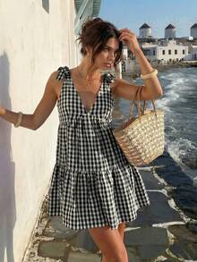 Robe courte sans manches à bretelles spaghetti style décontracté jeune influenceuse HoloChill avec blocs de couleurs et carreaux, nouvelle robe d'été 2026 décontractée à col V avec nœud papillon style féminin, robe de plage pour femmes, tenue élégante pour invitée de mariage, vacances à la plage, tenue décontractée, Coupe du monde, bal de promo, luxe, fête de l'indépendance, football, vêtements d'automne - Noir et Blanc - Voir 9
