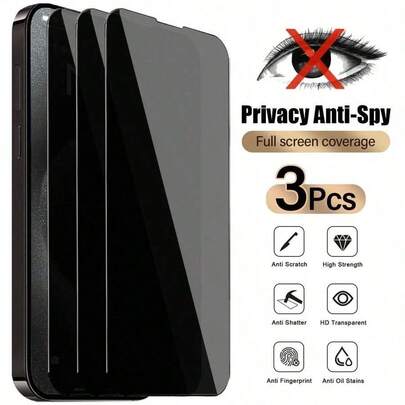 隐私钢化玻璃屏幕保护膜 3 片装 防窥防偷窥钢化玻璃屏幕保护膜 兼容苹果设备 防刮防撞 疏油涂层 触感顺滑 兼容苹果 X/XR/11/12/13/14/15/16/16Plus/16Pro/16ProMax/16e/17/17 Air/17 Pro/17 Pro Max 系列 春季礼物 生日礼物