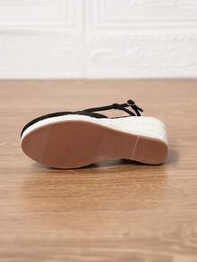 女士厚底坡跟一脚蹬鞋，女士厚底坡跟草编踝带鞋，仿皮坡跟凉鞋，夏季度假黑色绑带一脚蹬圆头3.15英寸鞋跟踝带鞋，舒适编织草镂空鞋，尺码34-43，女士大码鞋，女士高跟鞋，女士高跟凉鞋，女士高跟鞋，优雅女士鞋 - 黑色 - 查看 5