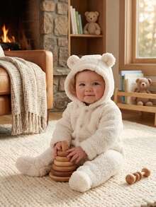 Fleece  With Ears, Winter, Cold Weather, Long Sleeves, Baby Boy, Baby Girl, Newborn To 12 Months, Hooded, Cute, Stylish, Comfortable, Warm - 奶油 - 查看 2