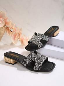 Nuevas llegadas del verano 2026, sandalias de mujer de tacón grueso con adornos de strass, moda clásica y versátil - Negro - Ver 13