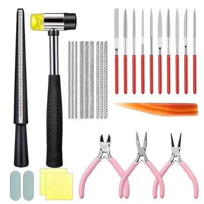 KLONKEE Bộ dụng cụ làm trang sức, bao gồm dũa, kìm, búa, thước kẻ, khăn lau, giấy đánh bóng, thích hợp cho việc tạo hình, sửa chữa, đúc khuôn, mài và đánh bóng trang sức.