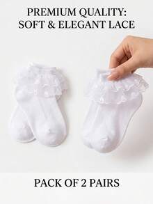 2 Pairs Girls' White Lace Ruffle Socks, Children Cute Mesh Short Socks - White - View 7