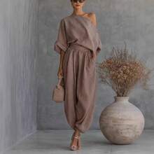 2026 New Spring Summer Cotton Linen Loose Fit Wide Leg Tops And Lantern Pants Set For Women Casual Outfits Fashion European American Style - 米白色 - 查看 3