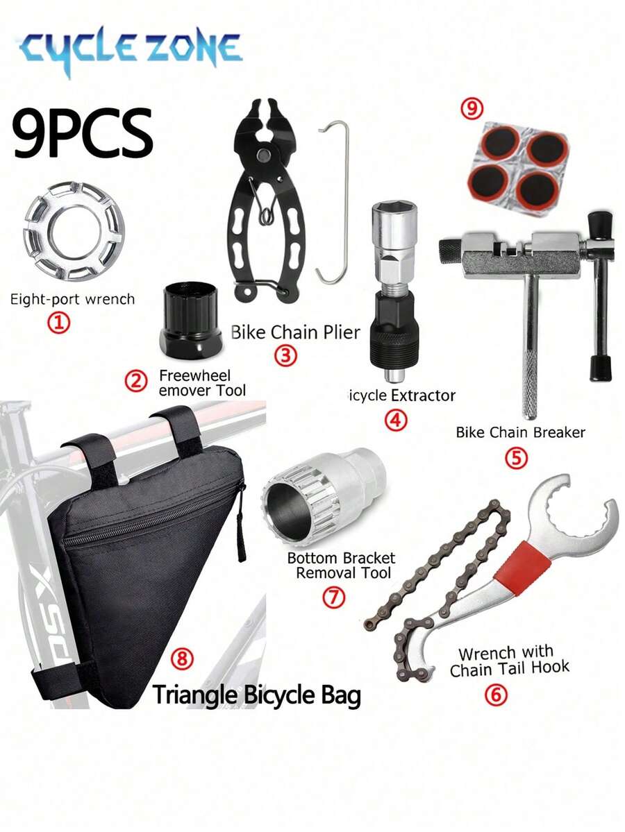 Cycle Zone 9pcs Bicycle Repair Tool Kit: Derailleur Hanger Wrench + Cable Puller + Bottom Bracket Tool + Black Sockets + Chain Cutter + Spoke Wrench + A-Type Tire Lever + Crank Arm Puller + 4pcs Tire Patch