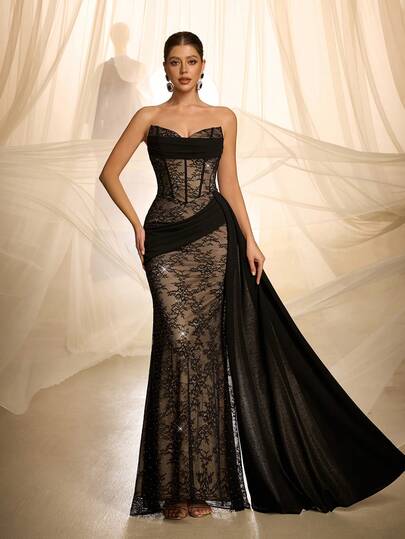 VIPGIRL Đầm dạ hội không dây vai quyến rũ lãng mạn dành cho nữ, chất liệu vải dệt kim dài với chi tiết ren tương phản và gọng corset, độ co giãn cao, thích hợp cho những buổi tối đặc biệt.