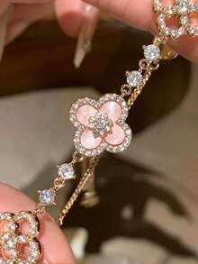 1pc Zirconia Hollow Flower Adjustable Bracelet, Pink Sweet Elegant, Suitable For Girl - Pink - View 5
