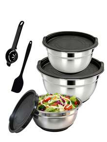 Bộ 1/5 món, bát trộn salad có nắp, bát đựng trái cây, bộ bát trộn, phụ kiện nhà bếp, bát trộn salad bằng thép không gỉ với đế silicon và thảm chống trượt, thích hợp để bảo quản thực phẩm, chuẩn bị bữa ăn, làm salad, dụng cụ nhà bếp. - màu đen - Xem 16