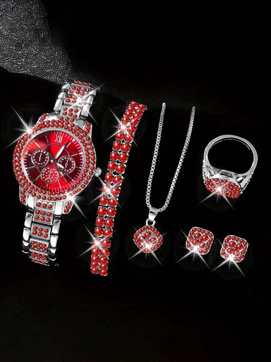 Bộ 5 món sang trọng gồm vòng tay đính đá và đồng hồ thạch anh dành cho nữ, màu xanh sao. - Một cỡ - Xem 1