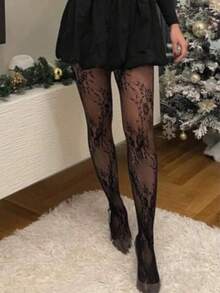 1双女士花卉蕾丝连裤袜/长筒袜，渔网袜，高腰显瘦紧身款，大码，适合各种场合 - 黑色花簇 - 查看 1