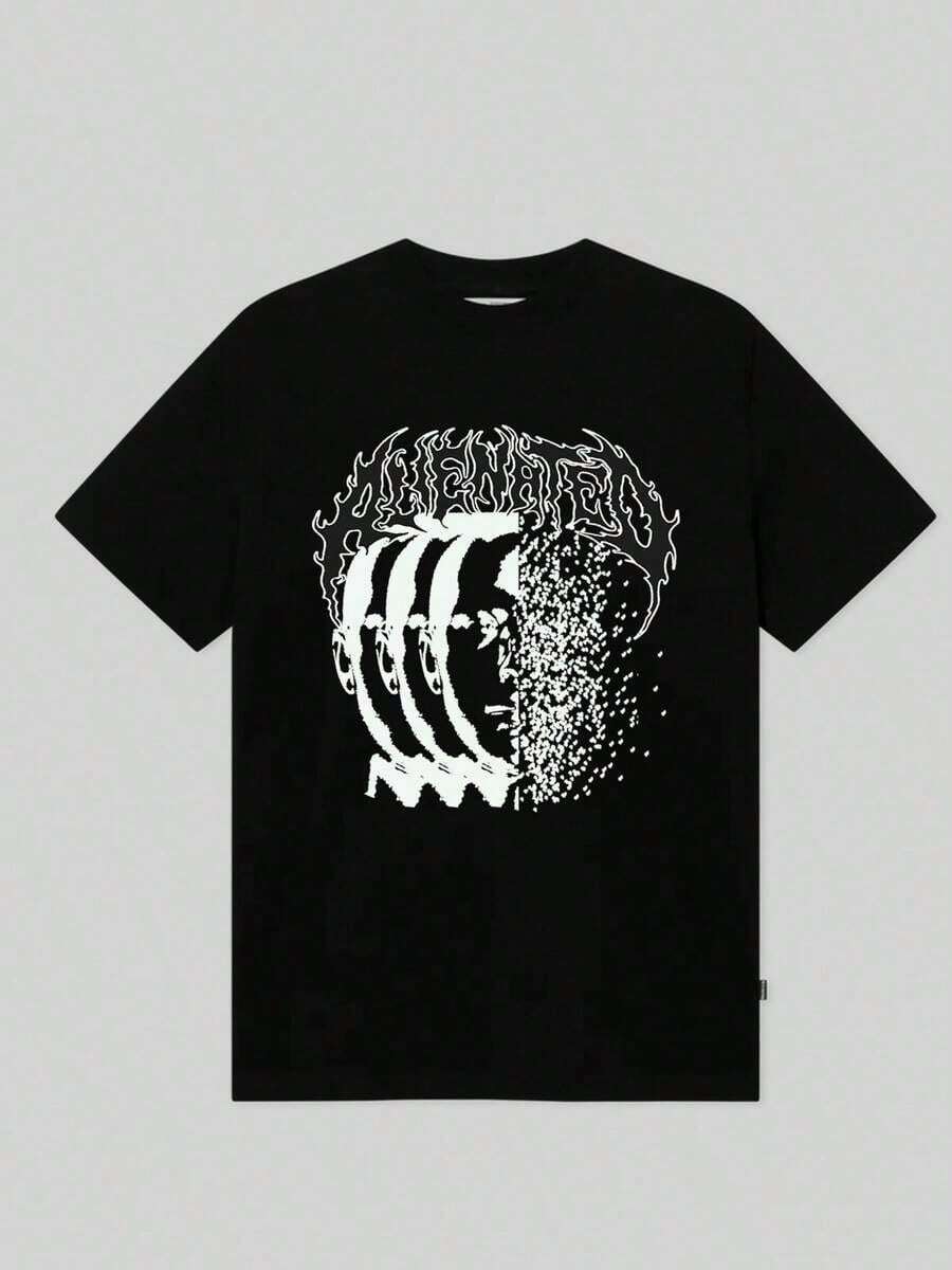 Mens Clothes;Summer Tops100% Cotton Men's T-Shirt, Crew Neck Tee With White Abstract Human Head Pattern, Plus Wavy Line Decor On Hair Area, Striped Design On Face & Pixelated Particle Effect Print, Casual Short Sleeve Topssummer Outfits W8TL - 黑色 - 查看 1