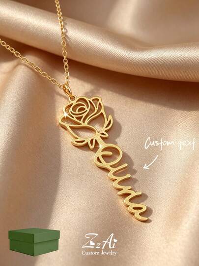1 Set Customized Rose English Name Stainless Steel Necklace & Earrings, 18K Gold Plated Stainless Steel Rose, Valentine's Day Gift