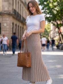 Women's Pleated Knit Skirt, Long, Wide Waistband, Evangelical Style, Elegant And Casual Knit - 海洋 - 查看 7