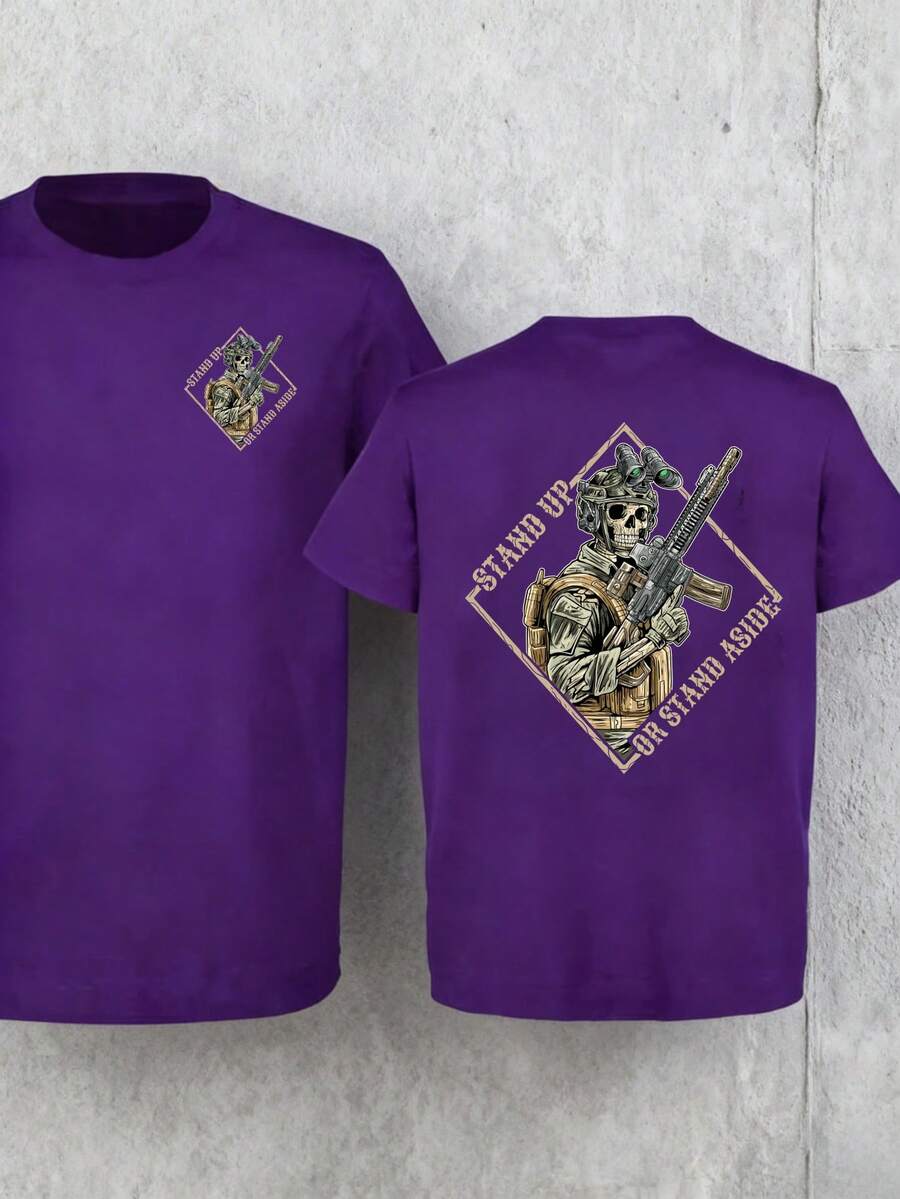 Men's Pure Cotton T-Shirt Funny Print T-Shirt,Mens Clothes,Stand Up Or Step Aside! This T-Shirt Is A Bold Military-Style Statement, A Perfect Gift For Her Or Him, A Round-Neck Streetwear Fashion Item,Summer Outfits,Streetwear,Y2k - 紫色 - 查看 1