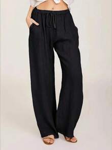Women Cotton Linen Pants Summer And Autumn Solid High Waist Wide-Leg Trousers Female Loose Hemp Casual Breathable Sports Pants - 黑色 - 查看 13