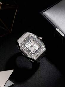 New BLINGBLING Fashion Ring Watch, Minimalist Unique Square Design With Rhinestones, Ins Style, Stackable, Niche Designer Piece, Suitable For Daily Wear, Dating, Parties, Birthday Gift - one-size - View 3