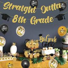 Juego de 49 decoraciones de graduación de 8º grado 2024, con purpurina dorada recta fuera de 8º grado, decoración de pasteles de 8º grado, globos de grado felicitaciones, suministros para fiestas de - 1 - Ver 5