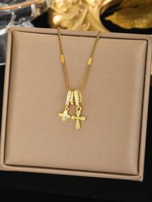 1 pieza Collar colgante con cruz y trébol chapado en oro con diamantes incrustados, estilo Y2K elegante, adecuado para vacaciones de mujeres, uso diario, Día de la Ascensión - Dorado - Ver 6
