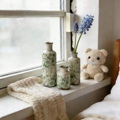 3pcs Ceramic Vase Set (No Baking Flower Paper), Blue & White Neutral Rustic Modern Farmhouse Bohemian Decor, Versatile As Dining Table Centerpiece Or Fireplace Mantel Decoration - Unique Home Gift