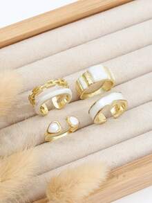4pcs Handmade Enamel Drip Oil Geometric Shaped Rings, Exquisite Luxury French Minimalist Ring Set For Women - Gold - View 5