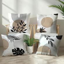 4pcs Set Minimalist Daily Khaki Abstract Geometric Line Leaf Throw Pillow Covers, Single-Sided Printed Peach Velvet Polyester, 45*45CM/18*18inch Cushion Covers For Room Decor, Modern Minimalist Sofa Living Room Decoration, Gift, Party - Multicolor - View 1