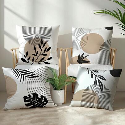 4件套简约日常卡其色抽象几何线条叶子图案抱枕套，单面印花桃绒涤纶面料，45*45厘米/18*18英寸，适用于房间装饰、现代简约沙发客厅装饰、礼品、派对