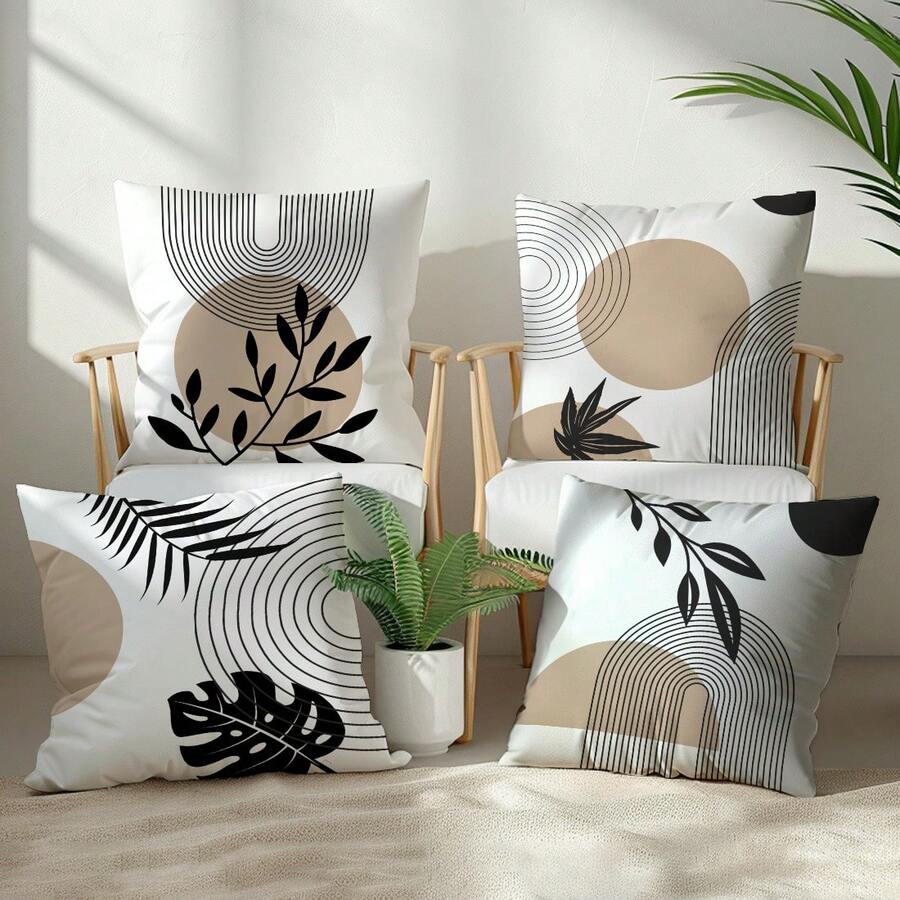 4pcs Set Minimalist Daily Khaki Abstract Geometric Line Leaf Throw Pillow Covers, Single-Sided Printed Peach Velvet Polyester, 45*45CM/18*18inch Cushion Covers For Room Decor, Modern Minimalist Sofa Living Room Decoration, Gift, Party - Multicolor - View 1