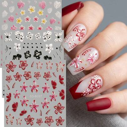 3pcs Tropical Island Style 5D Embossed Nail Stickers - Summer Hibiscus, Lace, Textured Pattern Nail Art Decals - For Spring/Summer, Music Festivals, Vacations, Weddings