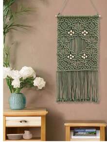 Handmade Woven Plum Blossom Wall Hanging With Tassels, Home Decor - Avocado Green - View 3