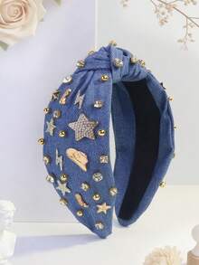 1pc Women's Retro Denim Knotted Headband With Rhinestone Star Rivet Decor, Sweet & Spicy Style, Petite Face Flattering, Cute Party Polyester Wide Knotted Headband Hair Band Diadema Hair Hoop - Multicolor - View 8