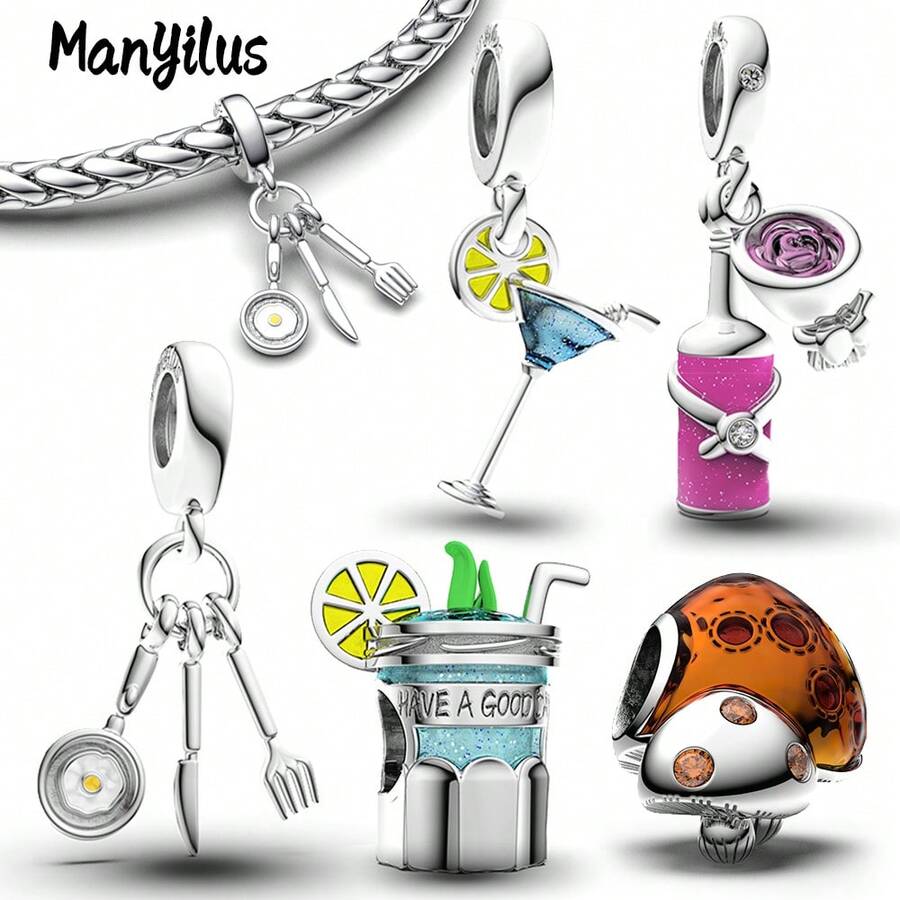 Manyilus 925纯银低过敏性食品饮料吊坠珠,烹饪鸡尾酒度假设计,时尚百搭手链项链,日常佩戴DIY珠宝配饰,送给女性女孩的礼物 - 彩色 - 查看 1
