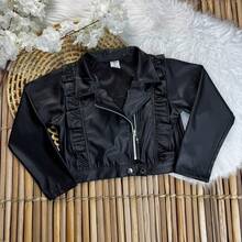 Girls' Faux Leather Jacket With Front Ruffle, Double-Sided Zipper, And Modern Collar – Black And Brown, Sizes 2 To 10 Years - 黑色 - 查看 10