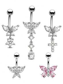 1pc/5pcs Butterfly Series Navel Rings Set, Inlaid Sparkling Cubic Zirconia Dangle Belly Button Piercing Body Jewelry, Suitable For Summer Beach - Multicolor - View 8