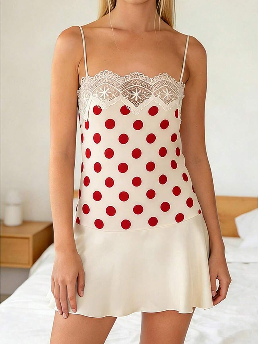 Vestido corto de mujer con estampado de lunares, sin mangas, con tirantes finos y falda acampanada, ideal para el verano. - Blanco - Ver 1