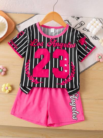 2pcs/Set Girls' Summer Outfit, Children's 2-3 Yrs Graphic Print Round Neck T-Shirt + Beach Shorts Set, Casual Vacation & School Wear, 4-7 Years