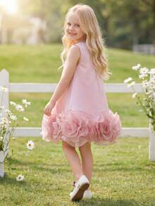 女童薄纱拼接碎花连衣裙，无袖公主裙，适合生日派对、婚礼花童、家庭聚会、拍照、舞台表演、度假等场合，春夏新品，性价比高，设计精致，亲肤舒适，版型优美。 - 粉色 - 查看 10