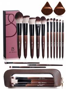 BS-MALL High Cost-Performance Precise Makeup 14pcs Rosewood Makeup Brush Set With Coffee Color Dirt-Resistant Makeup Bag + 2pcs Coffee Color Powder Puff Complete Makeup Tool Set - Redwood - View 1