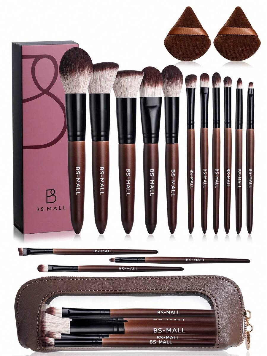 BS-MALL High Cost-Performance Precise Makeup 14pcs Rosewood Makeup Brush Set With Coffee Color Dirt-Resistant Makeup Bag + 2pcs Coffee Color Powder Puff Complete Makeup Tool Set - Redwood - View 1
