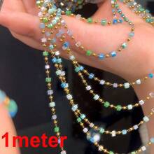 1m Fashionable Stainless Steel Mixed Color Square Glass Beaded Chain, Colorful Macaron Cube Chain, Gold, Suitable For DIY Bracelet, Necklace, Sweater Chain Jewelry Accessories - DIY Chain - View 11