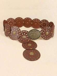 1pc Western Cowgirl Boho Style Women's Belt, Boho Belt, Western Belt, Gothic Velvet Patchwork Belt, Women's Fashion Accessory, Autumn/Winter Coffee & Antique Bronze Floral Oval Belt, Dress Accessory, Party, Beach, Music Festival, Y2K Style Belt, Valentine's Day - Coffee - 查看 8