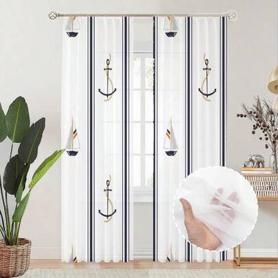 2 件套航海锚和帆船图案薄纱窗帘，海军蓝条纹搭配海岸风格锚图案，2D 平面印花，非常适合夏季装饰，适用于卧室和客厅。